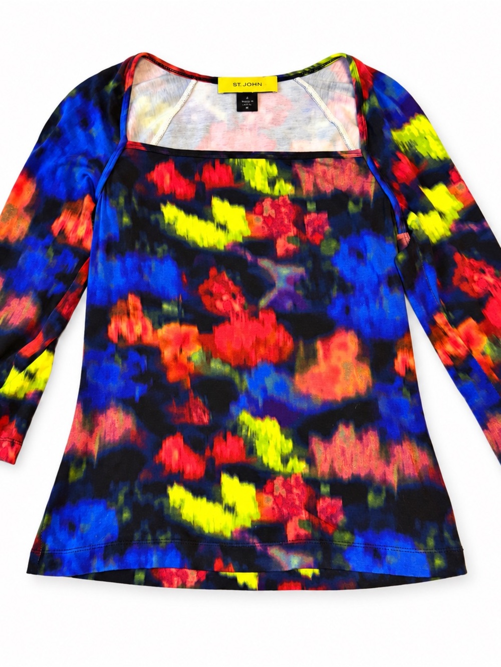 St. John Petite Abstract Print Square Neck 3/4 Sleeve Top Multicolor P
